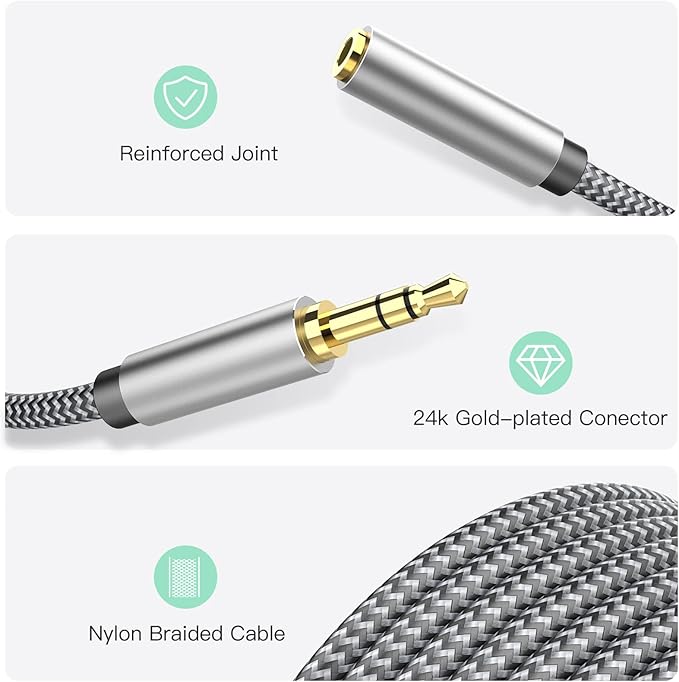 MORELECS Aux Extension Cord 15ft, 3.5mm 1/8 Aux Stereo Audio Cable Male to Female Stereo Audio Extension Adapter Cable Nylon Braided Male to Female AUX Cord Compatible Phones, Headphones,Speakers, PC