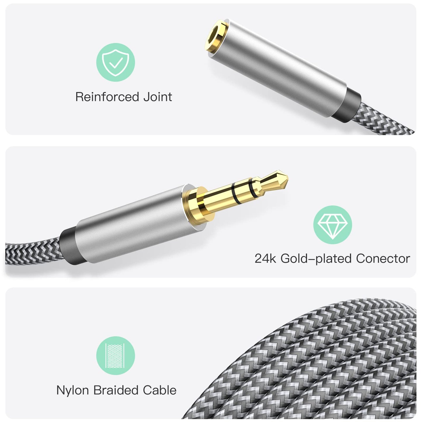 3.5mm Headphone Extension Cable 20ft, Nylon Braided Aux Cord Extender for Smartphones, Tablets, Media Players (No Mic Support)