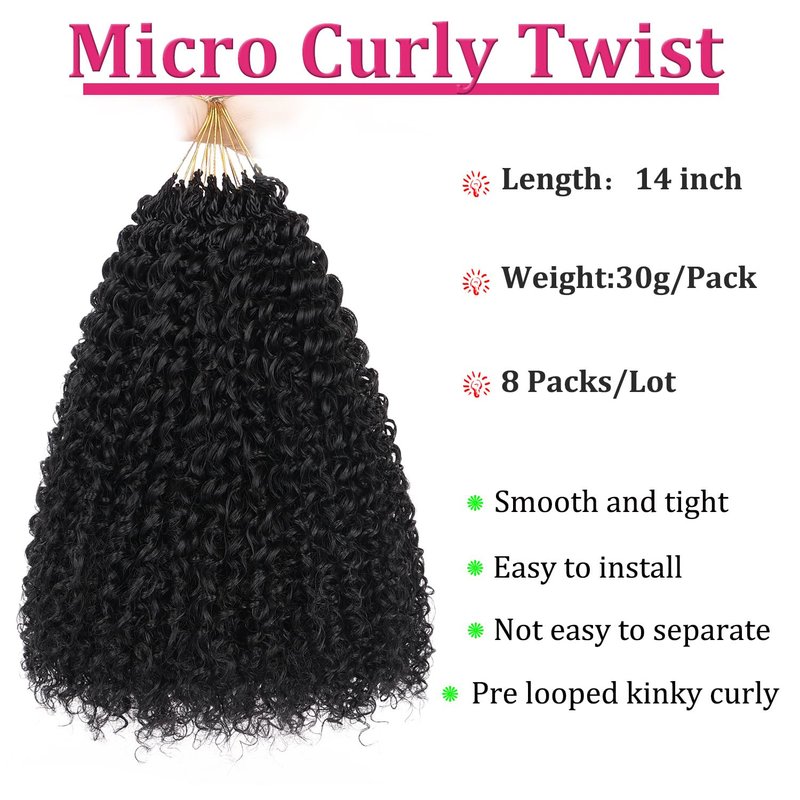 Leeven Pre Looped Micro Kinky Curly crochet Hair 14 Inch 8 Packs Black Micro Curly Braiding Hair For Mini Passion Twist (1B#)