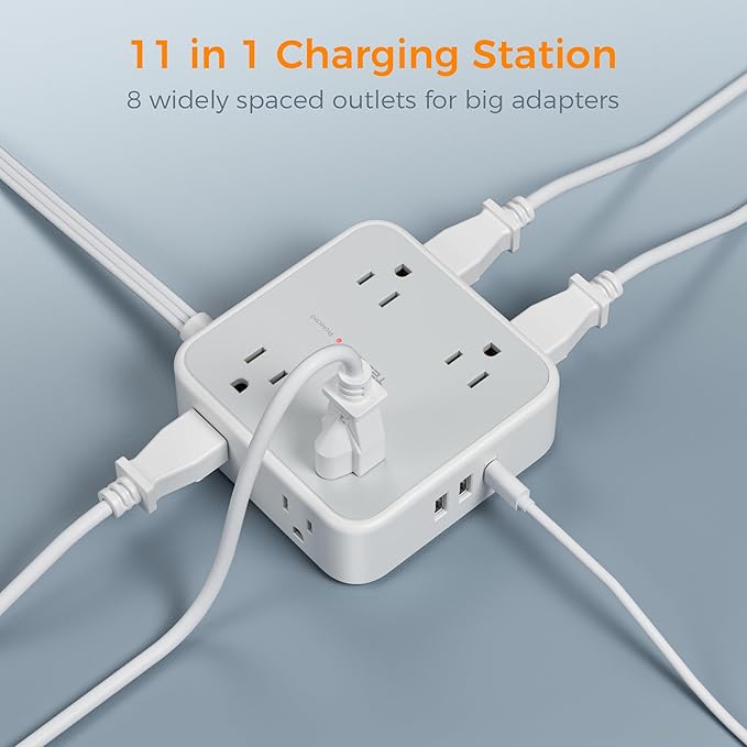 TESSAN Surge Protector Power Strip, 25 Ft Flat Plug Extension Cord with 3 USB (1 USB C 20W PD) 8 Outlets, 1250W, 900J Protection, 3 Sided Outlet Extender with Power Switch for Office, Dorm Room, Grey