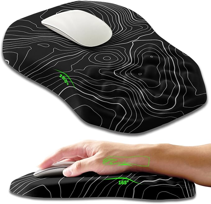 Armanza Ergonomic Slope Mouse Pad Wrist Support, Wrist Rest Mousepad for Carpal Tunnel Pain Relief with Massage Bulge and Slow Rebound Memory Foam (12x8 inch, Black Contour Lines)