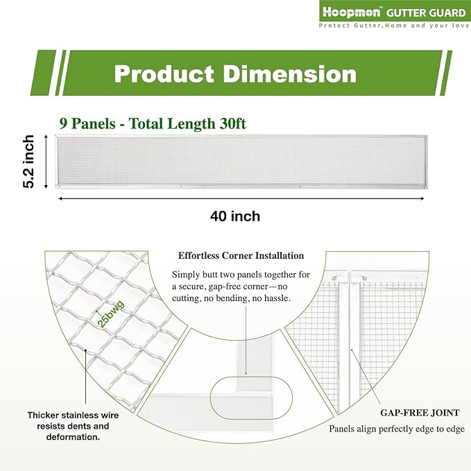 5 Inch Gutter Guard - Heavy Duty 100% Stainless Steel High-Flow Leaf Screen for Debris, Clog & Overflow Protection - Fits K-Style & Half-Round, Screws Included (30 FT, 9 pcs, 5in x 40in)
