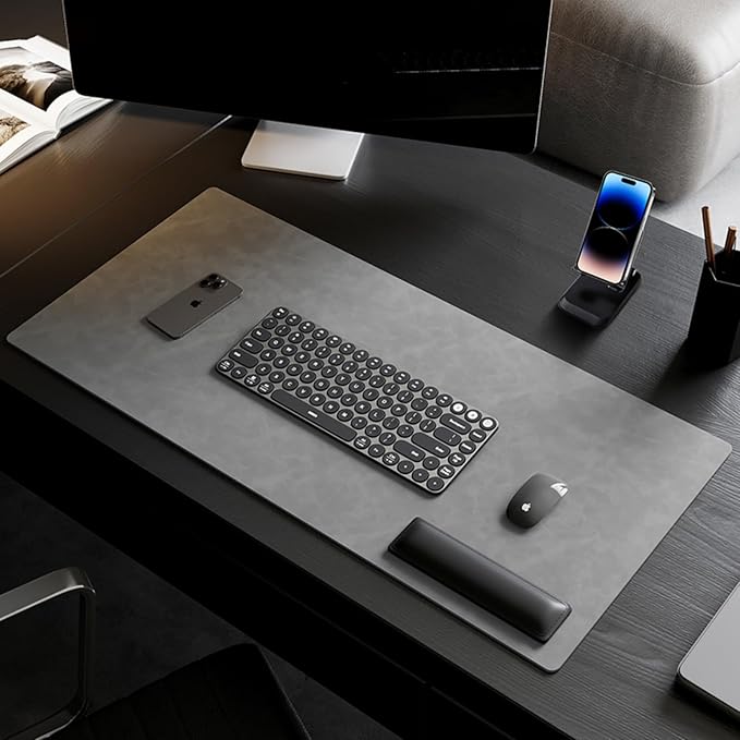 Leather 17.7" x 39.37 Desk pad for Computer and laptops, Ideal for Gaming and Office use, Large Mouse pad and Keyboard mat,Desk mat for man. A complimentary Wrist pad and Phone Stand.(Gemstone Gray)