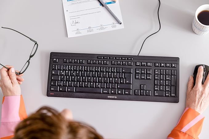 Cherry Stream Keyboard, Wired Keyboard for PC/Laptop, Whisper Quiet Silent Keys, Unique Typing Feel, Slim Design, SX Scissor Switches, USB-A, QWERTY, Black
