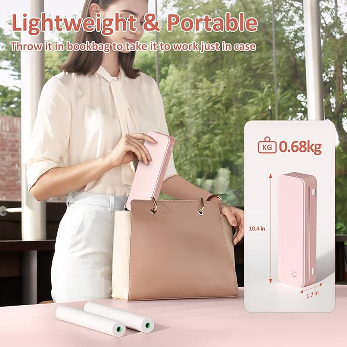 Gloryang Inkless Portable Printer for Travel, Wireless Thermal Printer Supports 8.5 x 11 Inch US Letter Size, Bluetooth Machine Includes Carry Case and 3 Rolls of Thermal Paper Kit, Pink