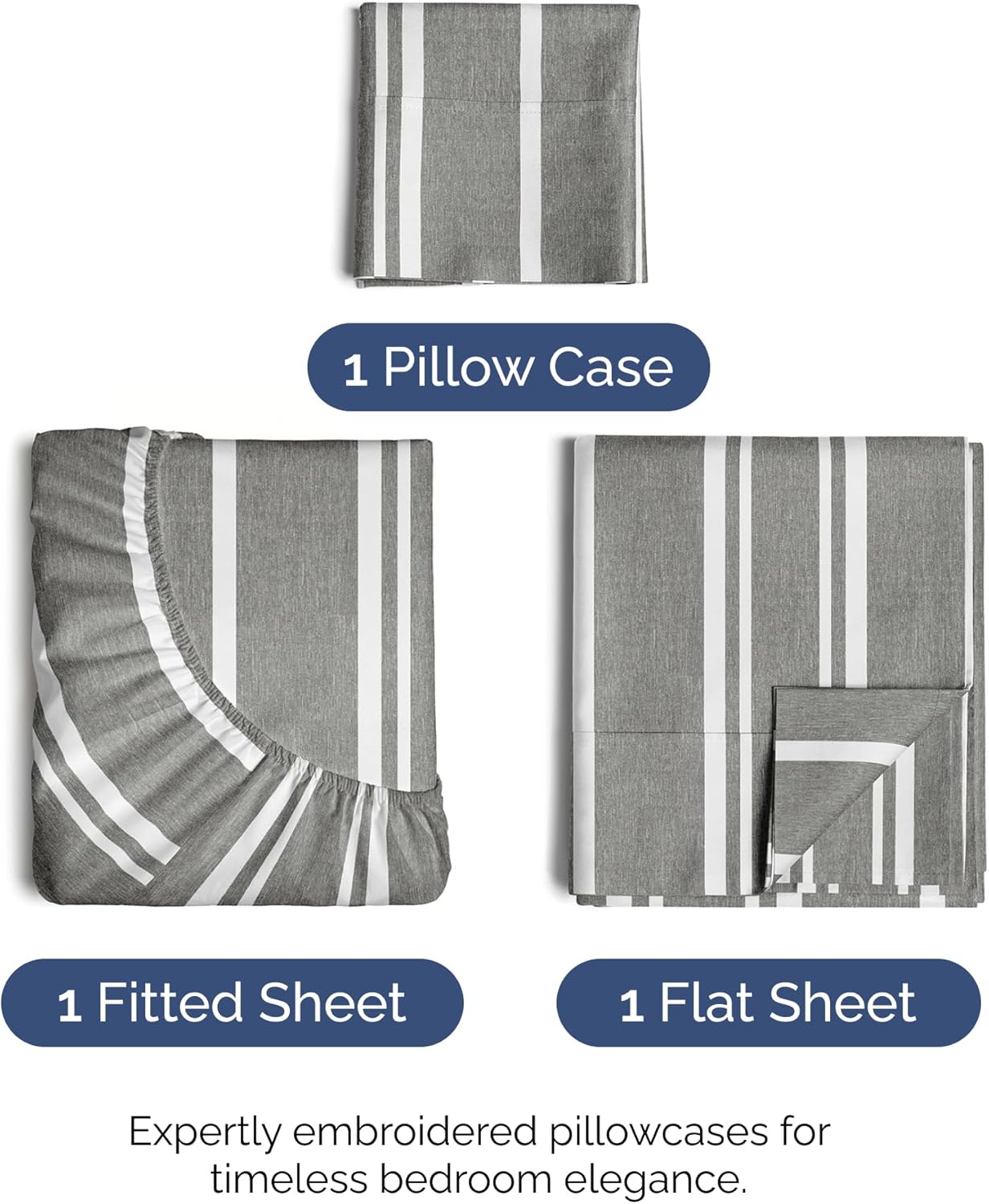 Skiennix Twin Size 3-Piece Sheet Set - Comfy, Breathable & Cooling - Hotel Luxury Bedding in Grey Stripes