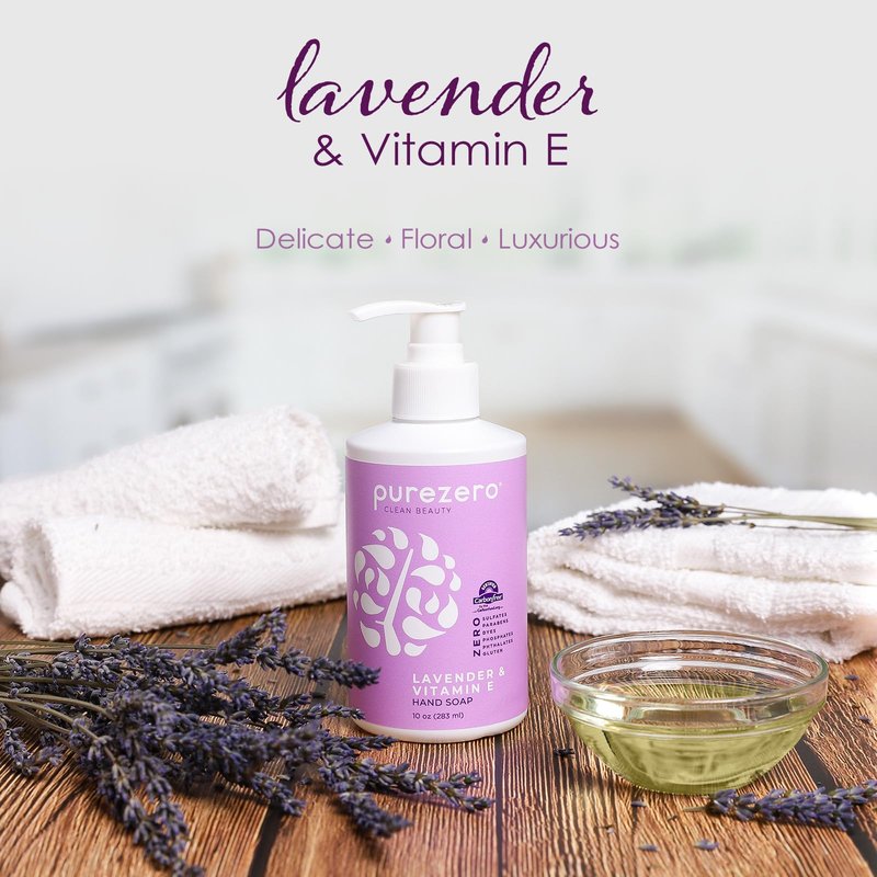 Purezero Lavender & Vitamin E Hand Soap Soothing & Hydrating, Paraben-Free & Vegan Liquid Hand Wash for Bathroom or Kitchen, USA-Made, Cruelty-Free, 10 ounces (1 Pack)