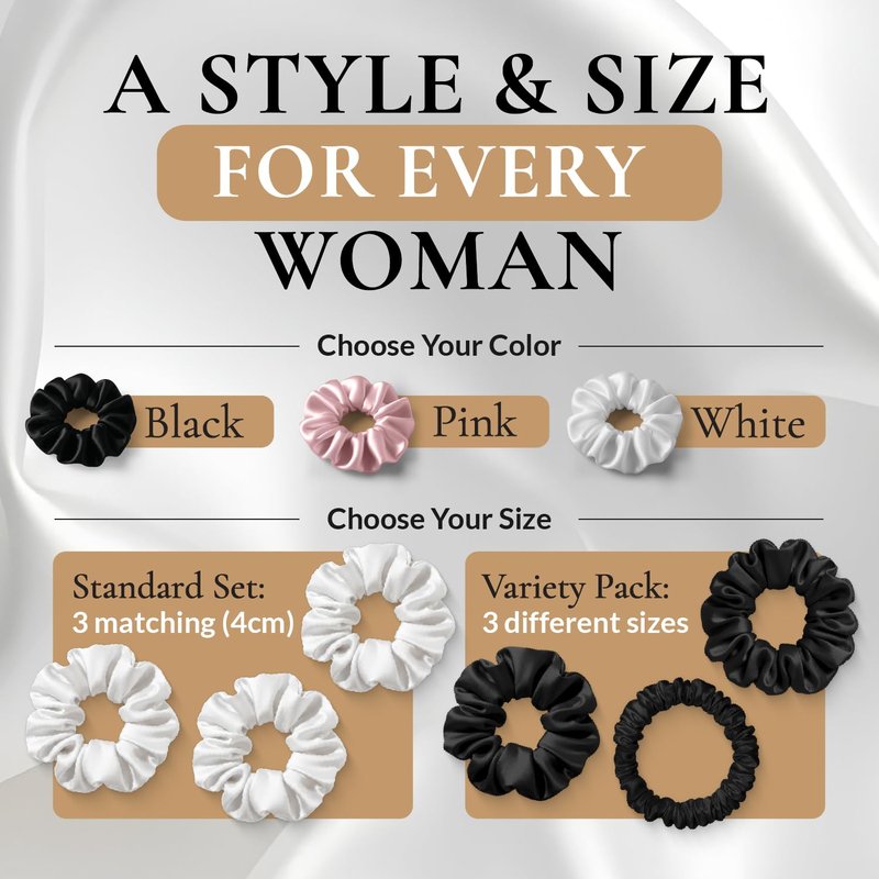 FORBDNSILK 100% Pure 22 Momme Mulberry Silk Scrunchies (Set of 3) | Highest grade (6A) Luxury Hair Ties| (Black,White,Pink) | (Black, Standard)