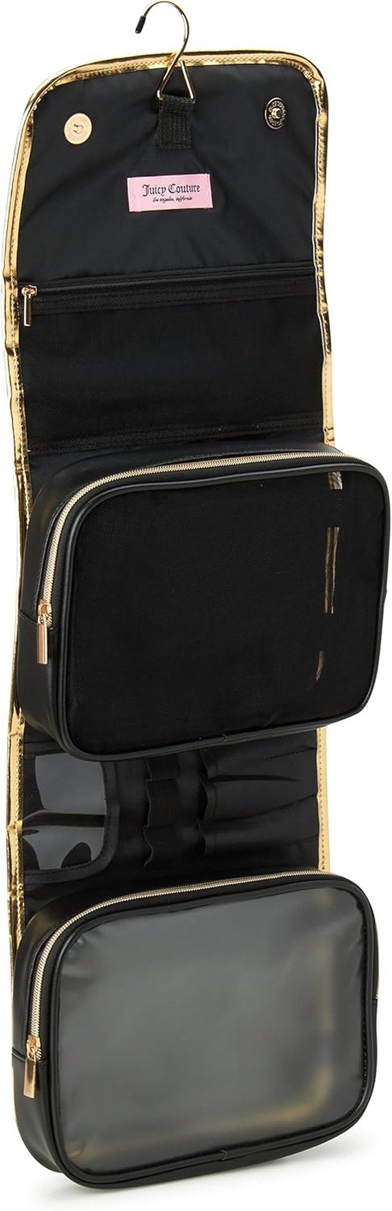 Juicy Couture Black Makeup Bag - Faux Quilted Leather Cosmetics Organizer with Hanging Hook | Travel Essentials