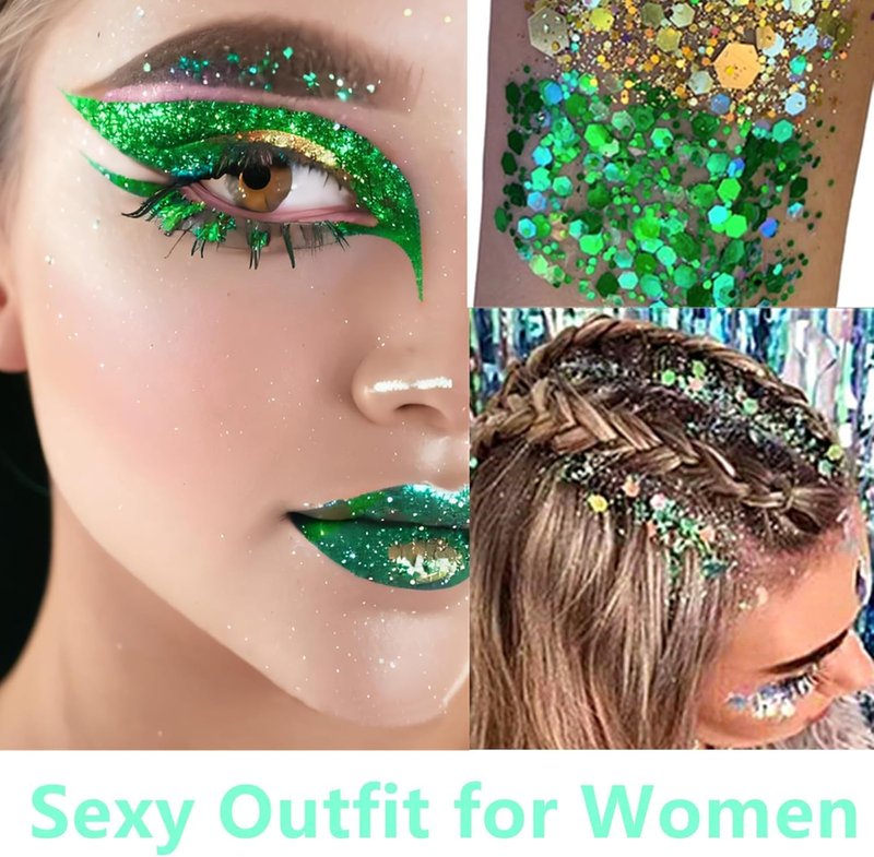 Go Ho Green Face Body Glitter,Shamrock Dangle Earrings for Women and Shamrock Sunglasses Set,St Patricks Day Accessories,St Patricks Day Shirts Outfits for Women