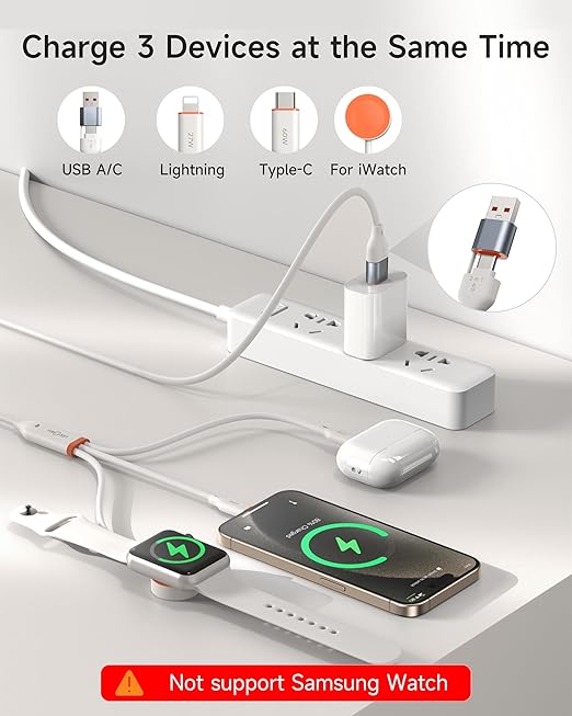 Apple Watch Charger,3-in-2 Nylon Braided Charging Cable Travel Fast Charger Cord with USB C/Lightning Ports –Tangle-Free for iWatch Ultra/SE/10-1, iPhone 17-12/PS5/Nintendo Switch-5FT