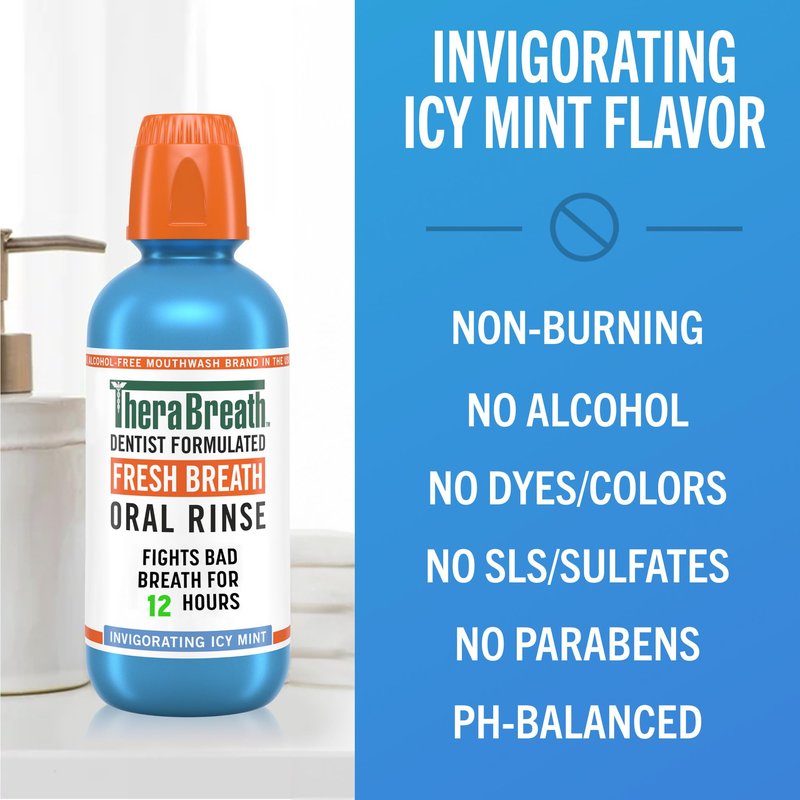 TheraBreath Fresh Breath Mouthwash, Icy Mint Flavor, Alcohol-Free, 16 Fl Oz (Pack of 2)
