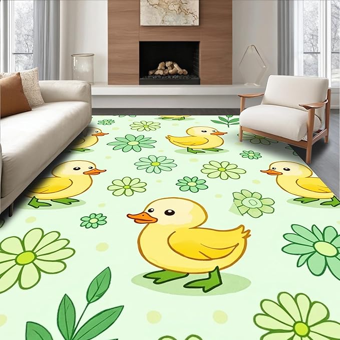 Flatwoven High Traffic Area Rug 4x6, Whimsical Duckling Parade Cartoon with Playful Watercolor Animals, Non Slip, Stain Resistant, Washable Area Rugs for Living Room, Bedroom (Yellow, 4x6)