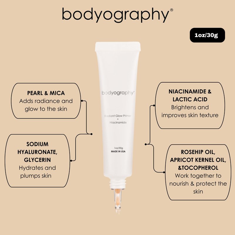 Bodyography Radiant Glow Primer + Niacinamide | Hydrating Makeup Primer with Light-Reflecting Pearls & Hyaluronic Acid | Silicone-Free Face Primer for a Long-Lasting Base