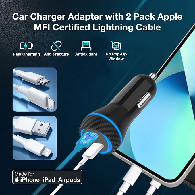 MOCA USB-C Car Charger, 51W USB-C & USB-A 2-Port PD/QC 3.0 Car Power Adapter W/ 2pcs 3.3ft A-P/C-P Cable Car Charger for iPhone 17/16/15 Series, Samsung Galaxy S25/S24/S23 Series, iPad Pro, AirPods