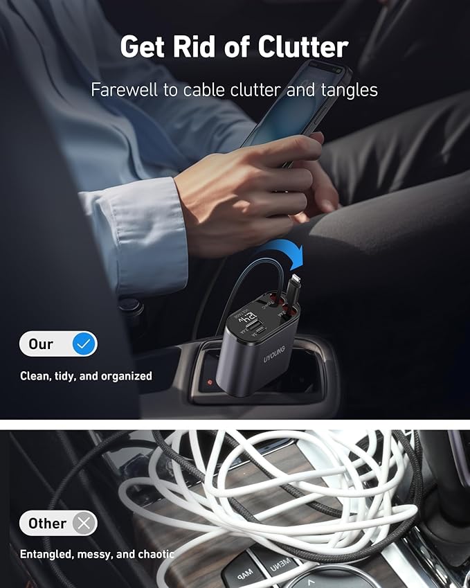 Car Phone Charger Adapter 2Pack Retractable Car Charger 4in1 Fast Charging Dual Retractable Cables 31.5 Inch Multiple Ports Charging Station Compatible with iPhone 17/16/15/14/13/12/11 Pro Max/Samsung