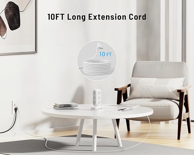 Flat Plug Power Strip Tower 10FT, 40W Total Fast Charging Station, Dual PD 20W USB-C Charger Tower with 12 AC Outlets and 8 USB Ports (4 USB C), Long Extension Cord for Home Office Dorm Room