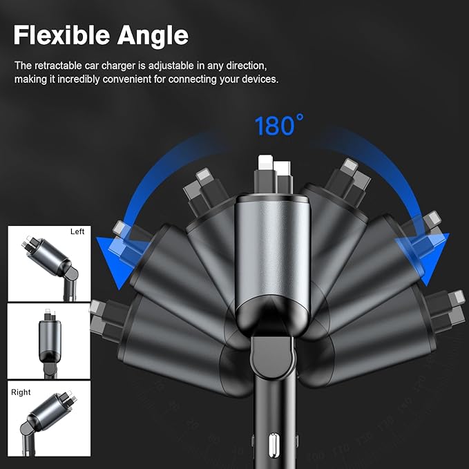 MAGJIEYX 4 in 1 Retractable Car Charger, USB C Fast Charging Adapter[Max80W] with USB-i Cable&Dual Charge Port Compatible with iPhone 17/16/15/14/13/12 Pro Max Plus/iPad/AirPods,Galaxy,Google