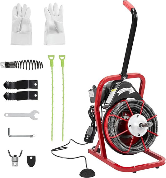 Garvee K-300K 3/8 in 75 ft Red & Black Electric Drain Cleaner Machine - Automatic Auger for 1 to 4 in Pipes, Portable Design, 4 Cutters, Foot Switch Control, and Includes Gloves.
