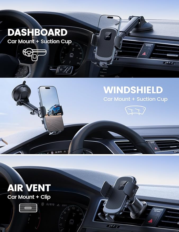 Lamicall Car Phone Holder [3-in-1 Pro Version Suction Cup] 360° Rotation Phone Holders for Your Car [Metal Hook] Cell Phone Car Mount Dashboard Vent Windshield for iPhone 17 16 15 Pro Max Smartphone