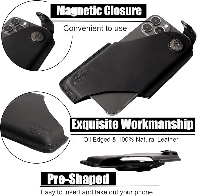 Topstache Leather Cell Phone Holster for iPhone 17/17 Pro/16/16 Pro - Belt Clip Cell Phone Case for Men for Galaxy S25/S24/S23 - Magnetic Closure Leather Holster Holder Pouch, M,Black