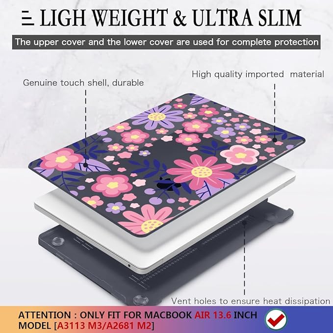 CISSOOK for MacBook Air 13 inch M5 M4 M3 M2 Case 2026 2025 2024 2023 2022, Hard Shell Case Keyboard Skin Screen Protector for MacBook Air 13.6 A3449 A3240 A3113 A2681, Stylized Flowers