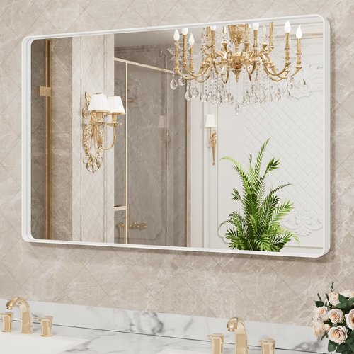 LOAAO White Metal Framed Bathroom Mirror - Large 40x32 Inch Rounded Rectangle, Anti-Rust Tempered Glass, Versatile Hanging Options