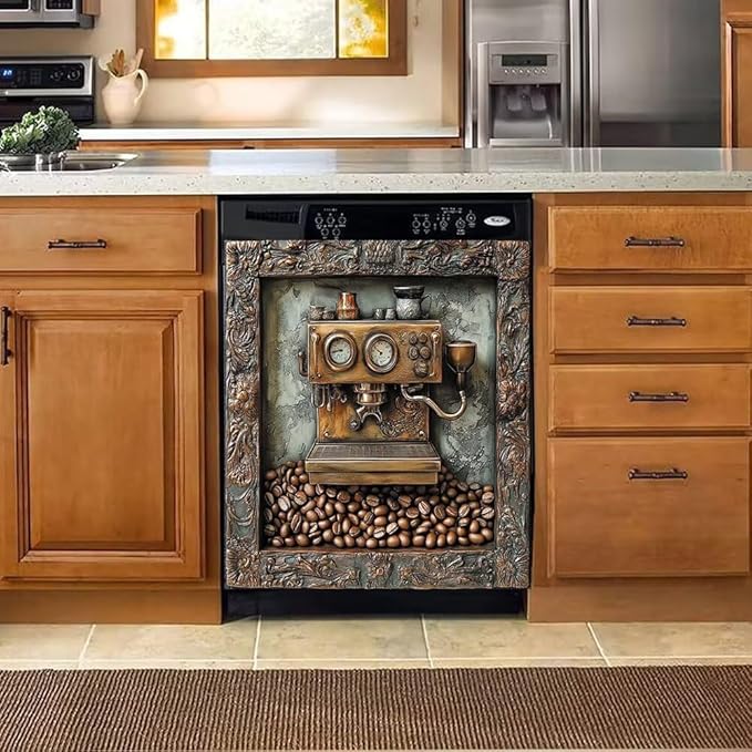 Retro Coffee Machine Dishwasher Magnet Cover, Dish Washer Cover for Kitchen Decor, Easily Trimmable Dishwasher Sticker Refrigerator Magnetic Cover 23Ã26 in