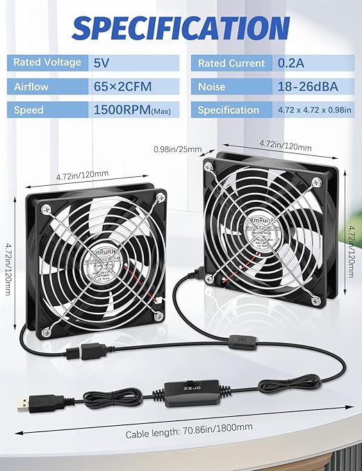 AmRunJe USB Cooling Fan 120mm 2 Packs, 5V Brushless Quiet Fan with Speed Controller for PC Computer PlayStation Xbox Router Receiver DVR AV Cabinet Projector