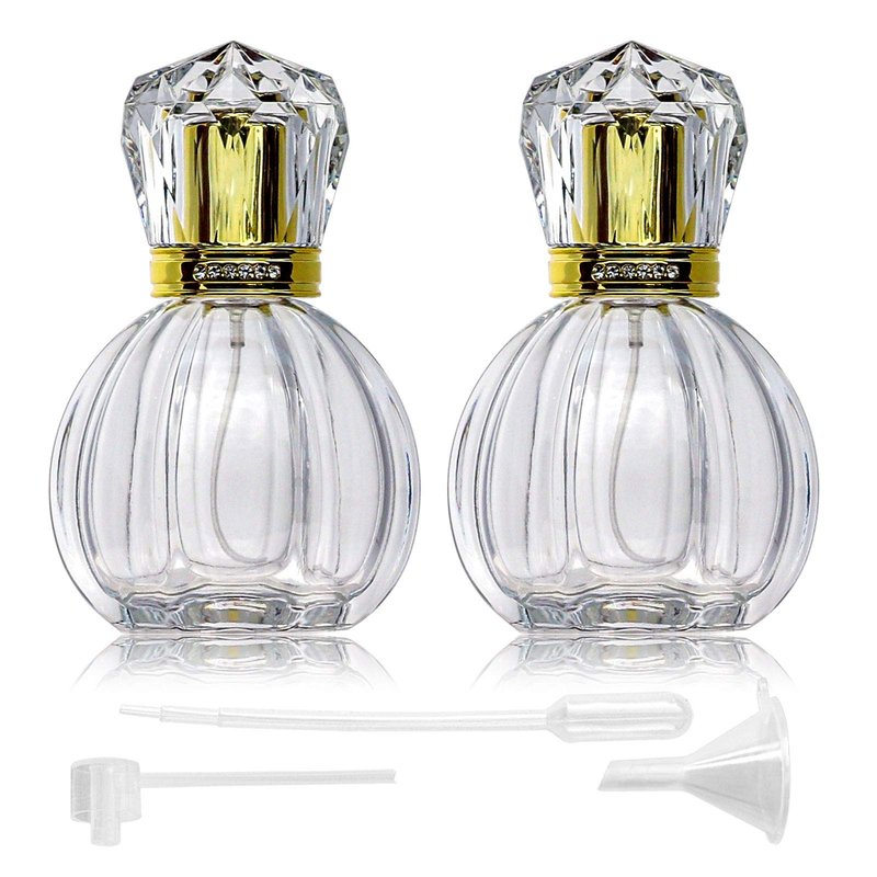 BTSuoYe 2PCS Refillable Perfume Bottles Empty Vintage Pumpkin Shape Portable Crystal Glass Atomizer with 50ML(1.76 oz) Fine Mist Spray with a Clear bottle, Gold nozzle, Acrylic cap (Pumpkin shape)