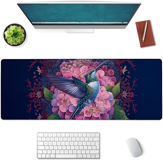 Mounidso Floral and Hummingbird Large Mouse Pad, Gaming Mouse Pad, Keyboard Mat, Non-Slip Rubber Base, Office Accessories, Desk Mat, MousePads for School, Work, Home Decor Gifts 31.5" x 11.8"