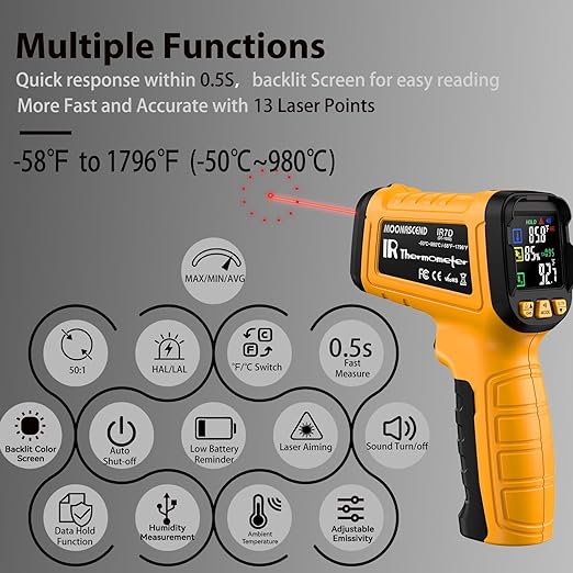 MOONASCEND Infrared Thermometer Temperature Gun -58°F to 1796°F, 50:1 Dual-Mode Temp Guns with K-Type Thermocouple for Internal Readings, HVAC Contactless Lazer IR Thermometers for Home & Industry