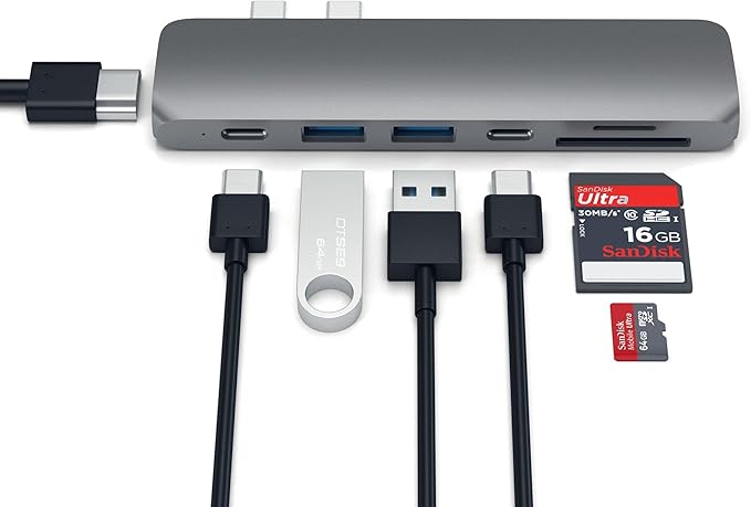 Satechi USB C Hub Adapter, USBC Dongle 7 in 1, USB-C with 4K HDMI, 87W PD Charging, USBC Data, 2 USB-A Data, Micro/SD Card Readers, for MacBook Air/Pro/Neo - Space Gray