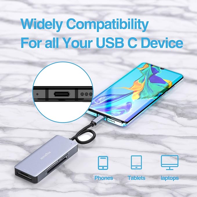 ZIYUETEK USB C SD Card Reader,5- in-1 Aluminum Thunderbolt 3 Memory Card Reader for CF, SD/SDHC,TF/Micro SD/MS/M2,CompactFlash Card for iPhone 15/16/Pro Max Android Windows MacBook