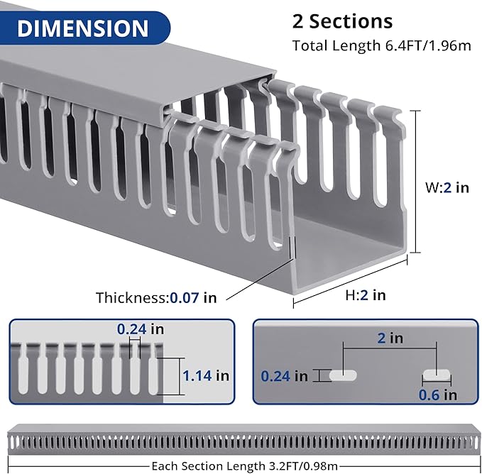 ZhiYo 2x2in Server Rack Cable Management Raceway, Cable Duct Kit, Electrically Safe PVC for Network Wire Management, Open Slot Cord Hider for Computer Under Desk, Grey