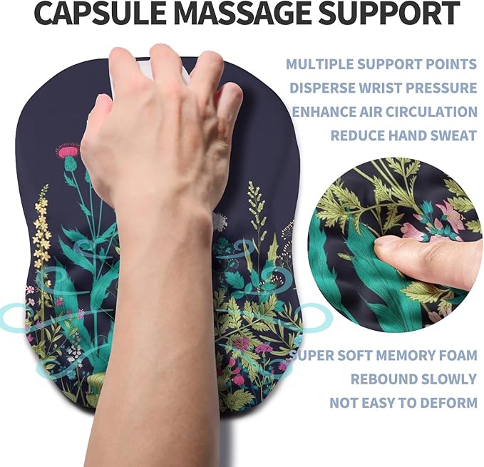 Gleamtide Ergonomic Raised Mouse Pad Wrist Support with Bilateral Slope Memory Foam Mousepad for Wrist Rest and Carpal Tunnel Pain Relief 11.8x7.9〃Midnight Flowers