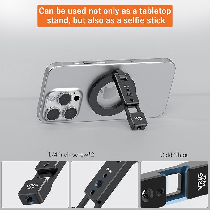 VRIG MG-23 Magnetic Phone Holder Compatible with Magsafe for iPhone 17 16 15 14 13 12 Pro Max Plus Series,Aluminum Tripod Mount Adapter with 1/4”-20 & Cold Shoe for Video Recording