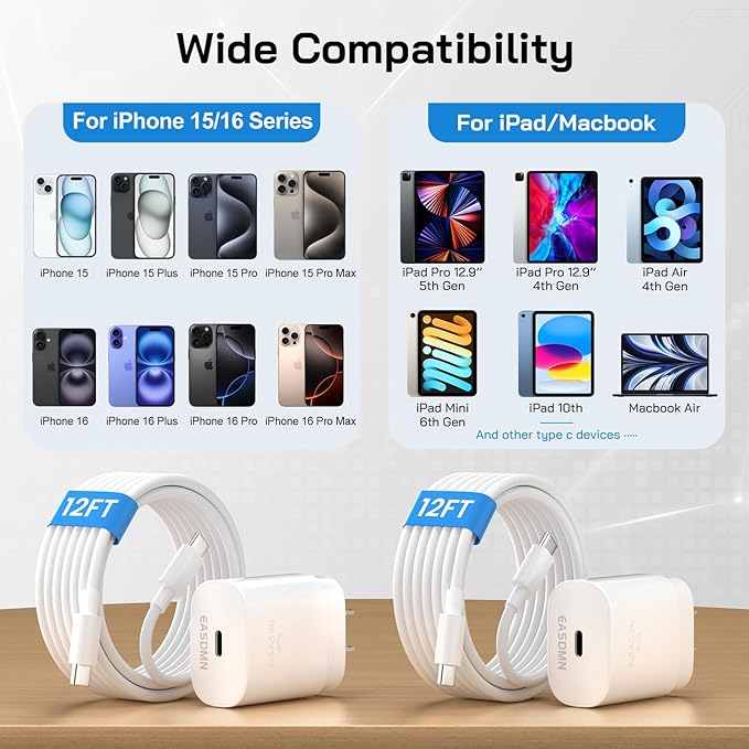 30W USB C i Phone 17 16 15 Charger Fast Charging, 2PACK Wall Charger for iPhone 16 15 Pro Max Charger Cord 12FT Fast Type C Block for iPhone 17 Pro Max/17 Air/16/15 Plus/15 Pro Max,i Pad Pro/Air