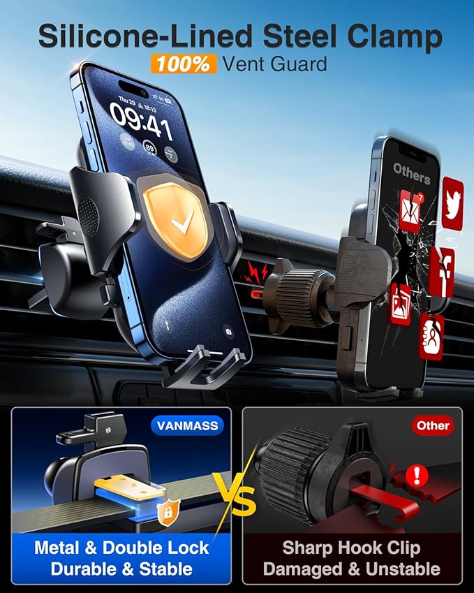 VANMASS【85+LBS Strongest Suction & Military-Grade Ultimate Car Phone Mount【Patent & Safety Certs】 Cell Phone Holder for Dash Windshield Vent for iPhone 17 Pro Max Automobile Accessory Kits,Matt Black