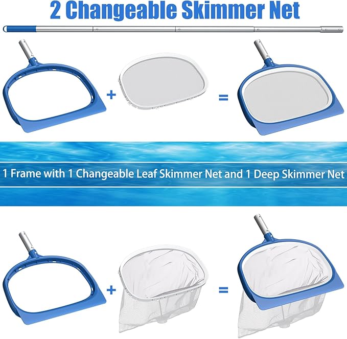 CKE Swimming Pool Cleaning Kit - Telescopic Pole, Rotatable Brush, Fine Mesh Skimmer Net for Inground & Above Ground Pools