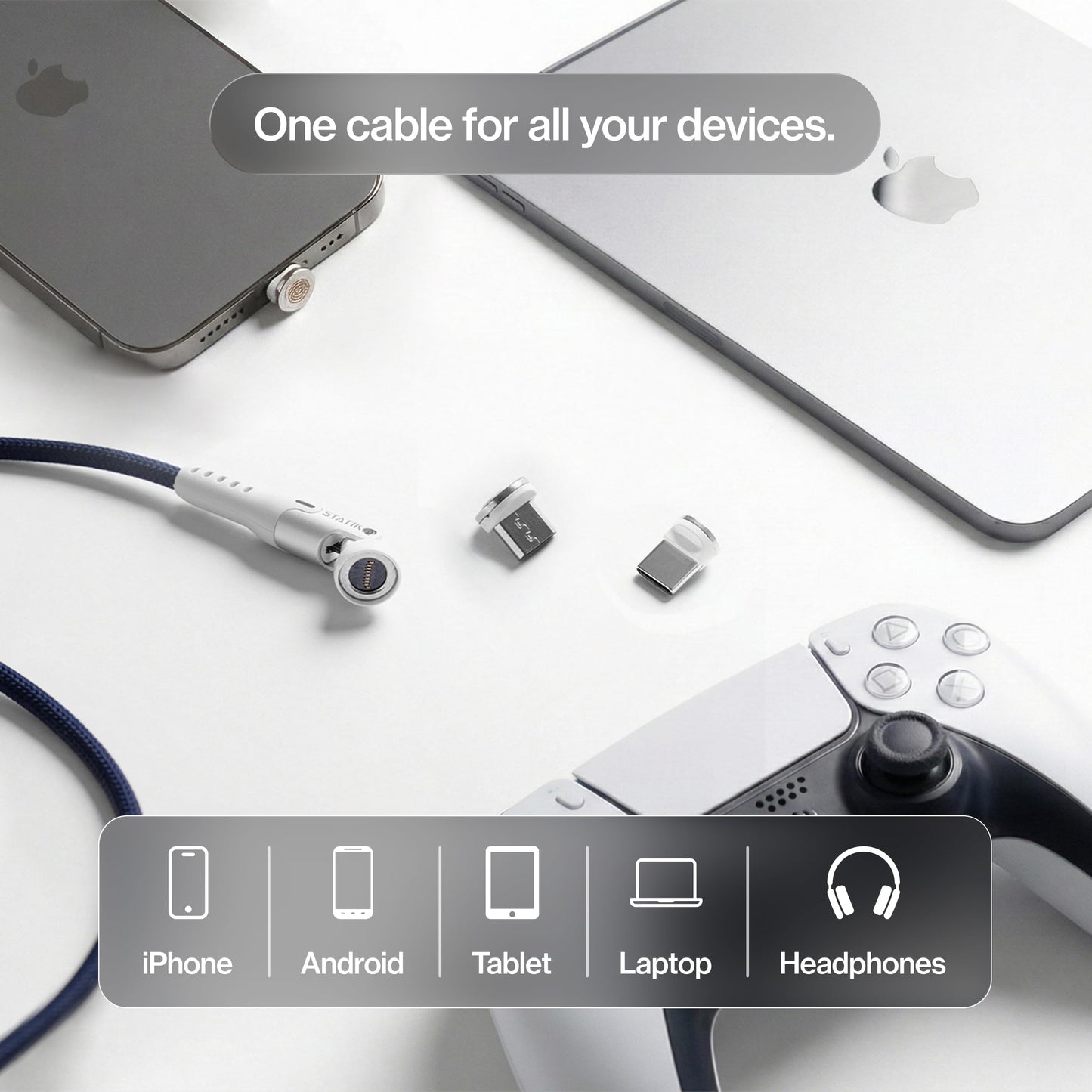 Statik 360 Pro Magnetic Charging Cable - Type C Charger Fast Charging 3 in 1 USB C to USB C Cable, Micro USB & iProduct Tips, USB A Adapter, Compatible w/All Devices - 100W Fast Charger, White 6FT/2M