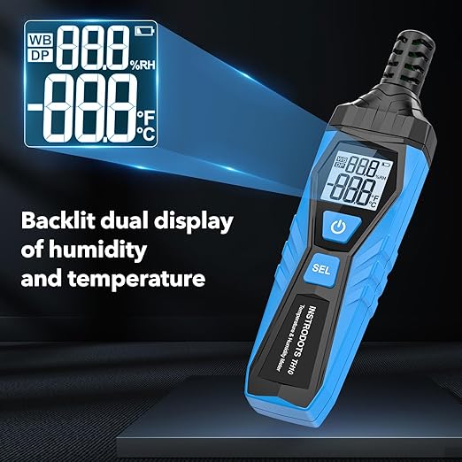 INSTRODOTS Temperature Humidity Meter - Handheld Thermometer Hygrometer with Ambient, Dew Point, Wet Bulb, High Precision Wet Bulb Thermometer, Dual Display Temperature & Humidity with LCD Backlight