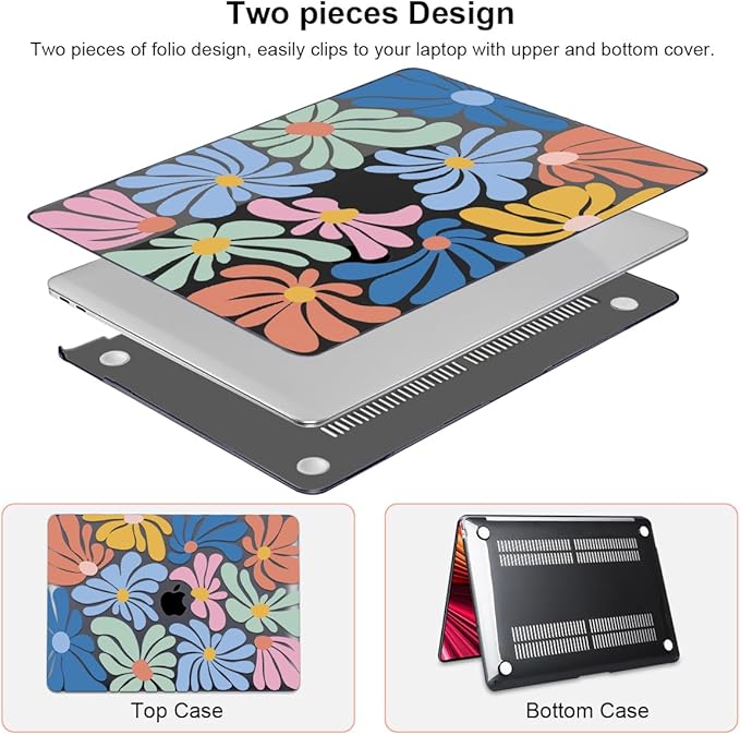 LCMOCICO Compatible with 2021 2020 2019 2018 MacBook Air 13 inch Case M1 A2337 A2179 A1932 Touch ID, Crystal Printed Pattern Plastic Hard Shell Case for Mac Air 13 M1 2021, Colorful Flowers Black