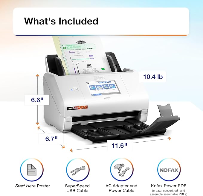 Epson RapidReceipt RR-600W Wireless Desktop Color Two-Sided Receipt and Document Scanner with ScanSmart AI PRO Receipt Management and PDF Software for PC and Mac, Touchscreen and 100 Page ADF