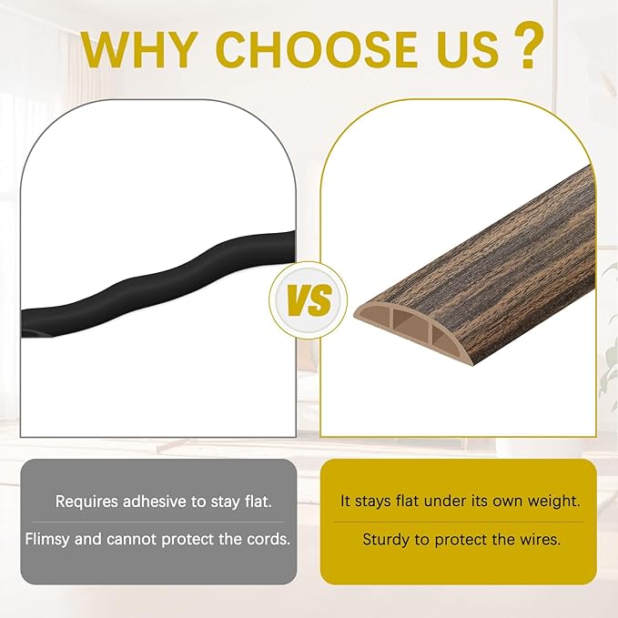 JAHOMFAI Floor Cord Cover 10FT Cord Covers for Wires on Floor Protect Wires & Prevent Trip Hazards, Easy to Cut for Home, Office, School, Concerts, Cavity W0.6in x H0.32in