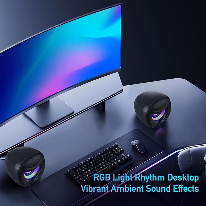Elimavi USB Computer Speakers, 3.5mm Aux Speaker and USB Powered Interface are Suitable for Desktop Laptop Monitor, Owl Eye Design, Includes a USB-C Adapter, Colorful Lights
