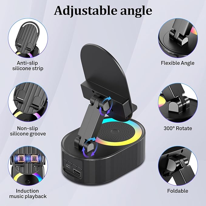 AKLLCCR Wireless Induction Audio Bluetooth Speaker 5in1 Phone Holder Emergency Rechargeable (3000mAh) with Colorful Ambient Light 300° Foldable for Tablet iPhone Android, Gifts for Men Women (Black)