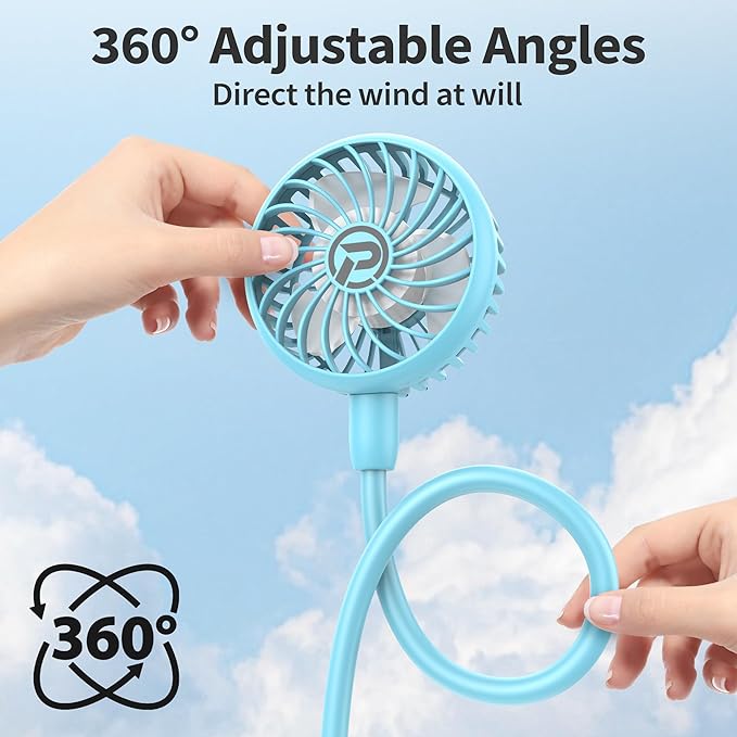 Portable Neck Fan, 2600mAh Battery Operated, Ultra Quiet Hands Free USB Fan with 3 Speeds, Strong Wind, 360° Adjustable High Flexibility Wearable Personal Fan for Sport Office Outdoor Travel-Cyan
