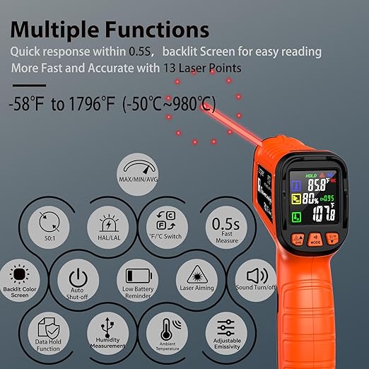 Laser Thermometer -58°F to 1796°F, Dual-Mode Infrared Thermometer Temperature Gun with K-Type Thermocouple, IR Thermometer Gun for Reptiles, Cooking, Griddle, Oven, 16:1 Home Handheld Temp Guns