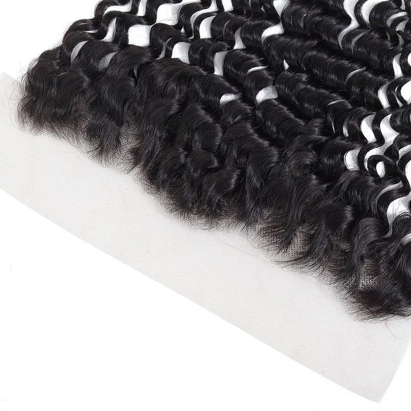 Deep Wave 13x4 Ear to Ear Transparent Lace Frontal Closure - Brazilian Virgin Human Hair Extensions, Deep Curly, Bleached Knots, Pre-Plucked With Baby Hair, Natural Color, 14 Inch